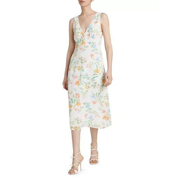 WAYF‎ Dahlia Dress Size XS Vintage White Floral Sleeveless V Neck Midi Retro NEW - Picture 2 of 14